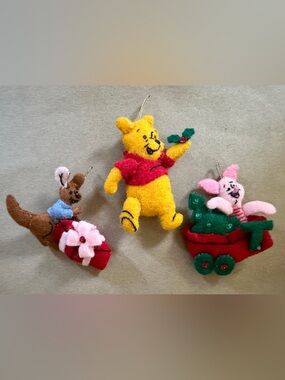 Vintage Handmade Winnie The Pooh Piglet Roo Felt Embellished Ornaments